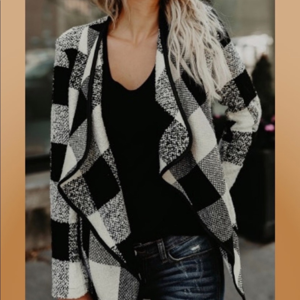 Black & White Open Front Cardigan Coat Buffalo Plaid
